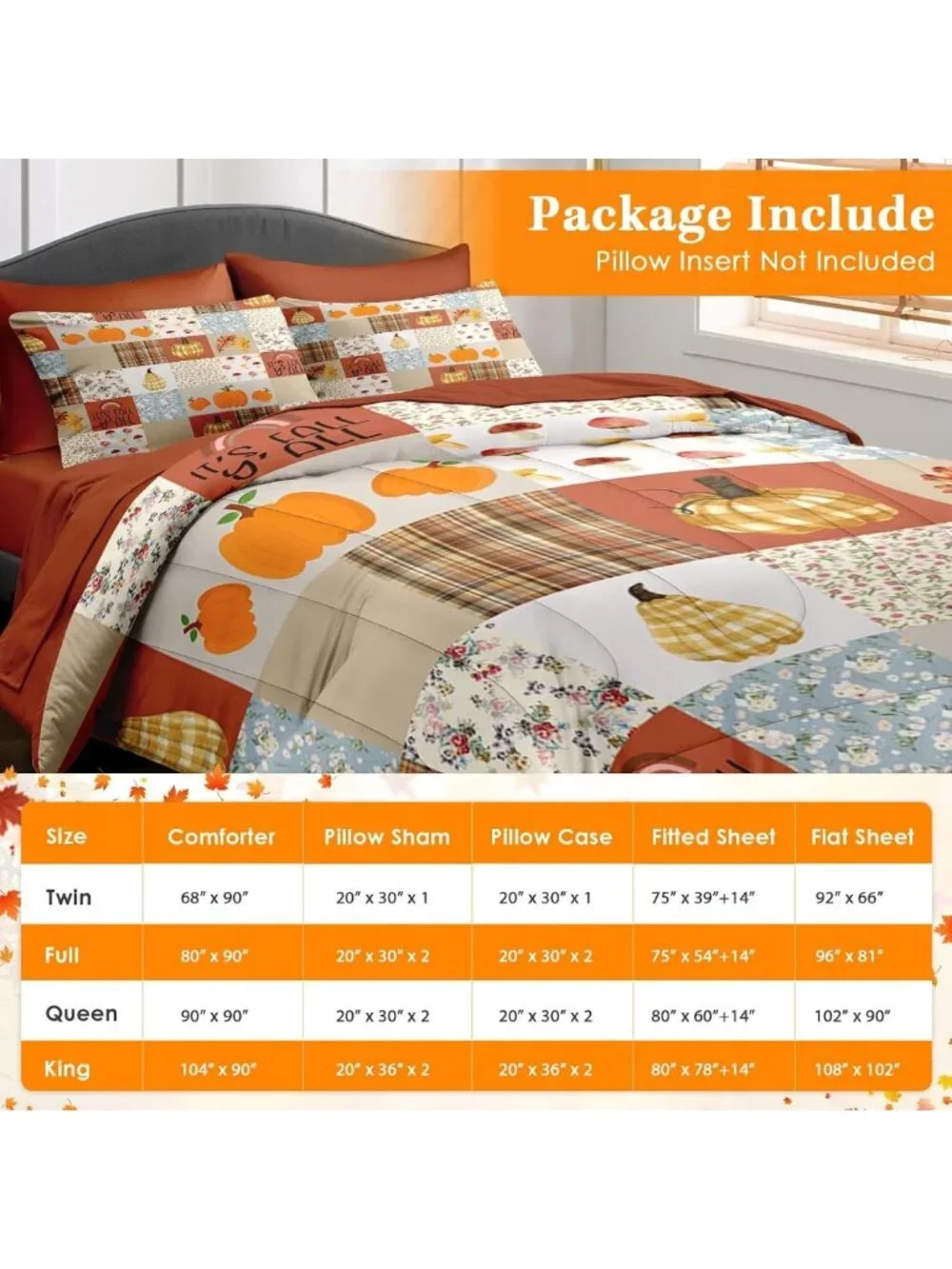 Cozy Pumpkin Queen Comforter Set with Sheets - 7 Piece Fall Bedding Collection